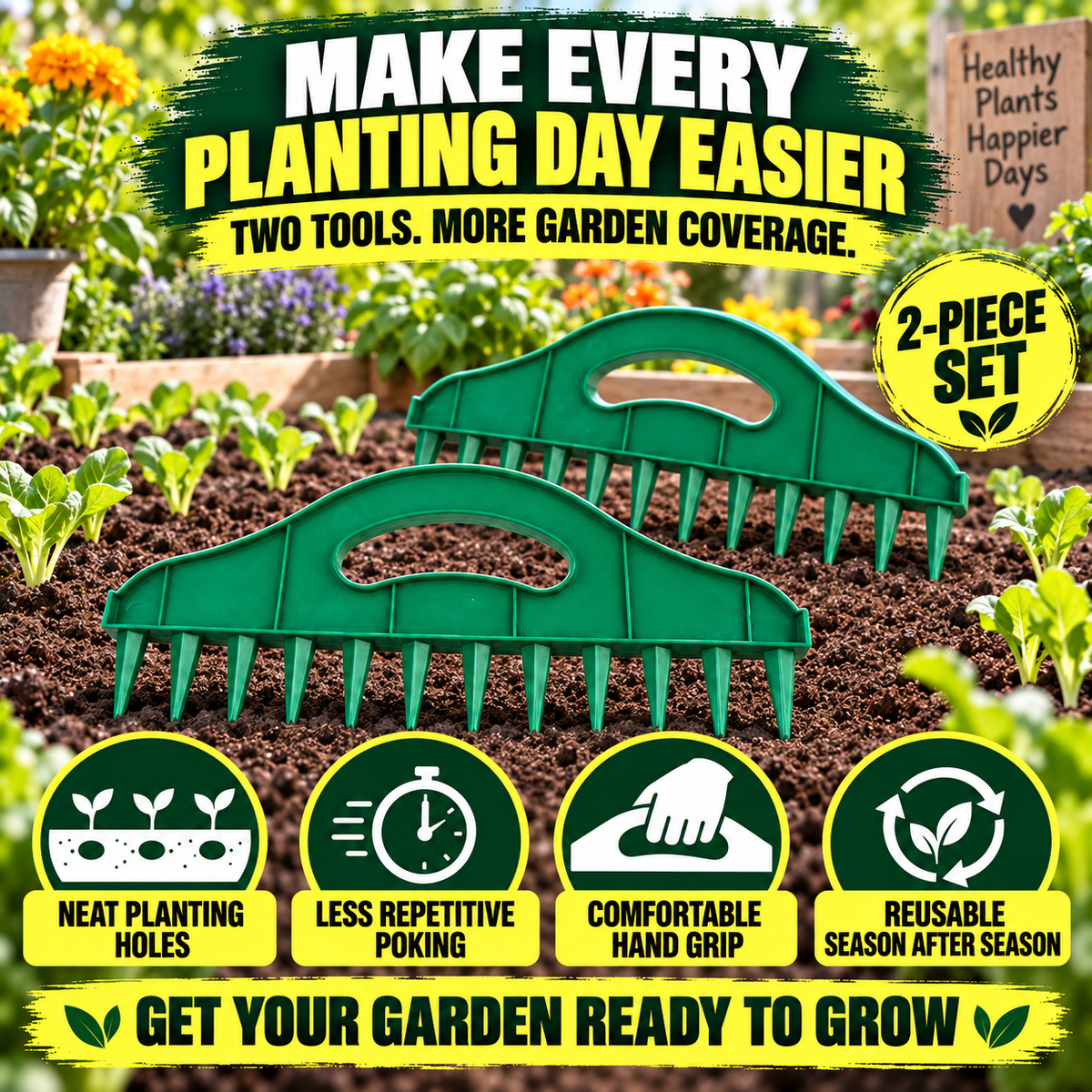 🌱2 Pack Garden Seed Spacing Tool – Multi-Row Soil Dibbler & Furrow Maker