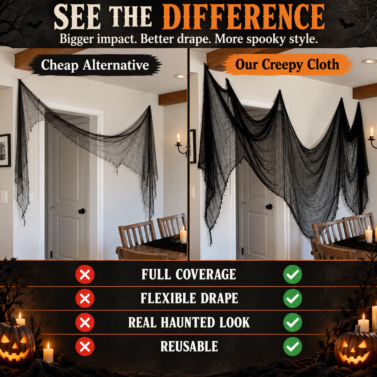 Halloween Spooky Creepy Cloth & Haunted House Spider Web Drape 🕷️👻