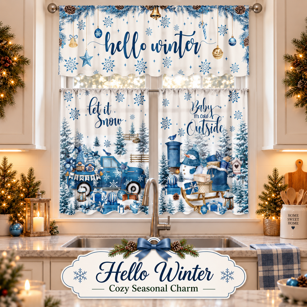 🎄 Christmas Buffalo Plaid Kitchen Curtain & Valance 3-Piece Set