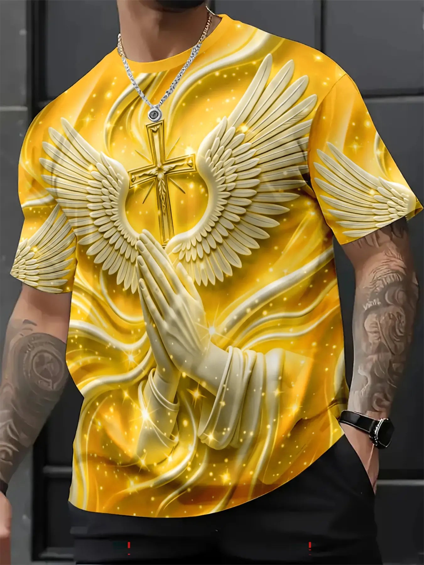 Men's 3D Religious Cross & Angel Wings T-Shirt