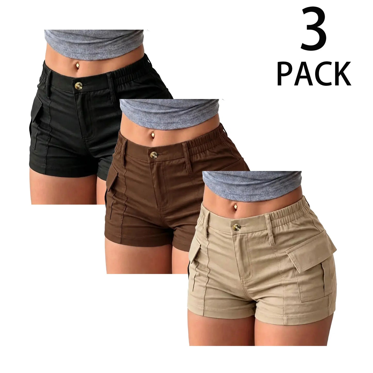 Women's High-Waisted Mini Cargo Shorts (3-Pack)