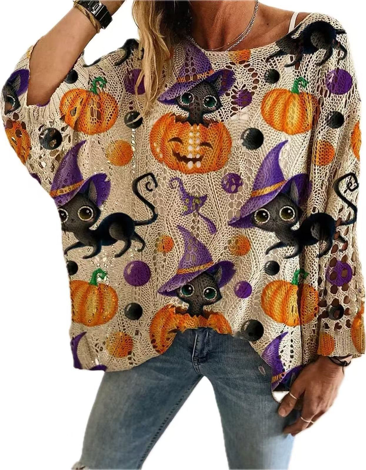 đWomenâs Pumpkin & Bat Crochet Knit Top â Festive Off-Shoulder Fall Styleđ
