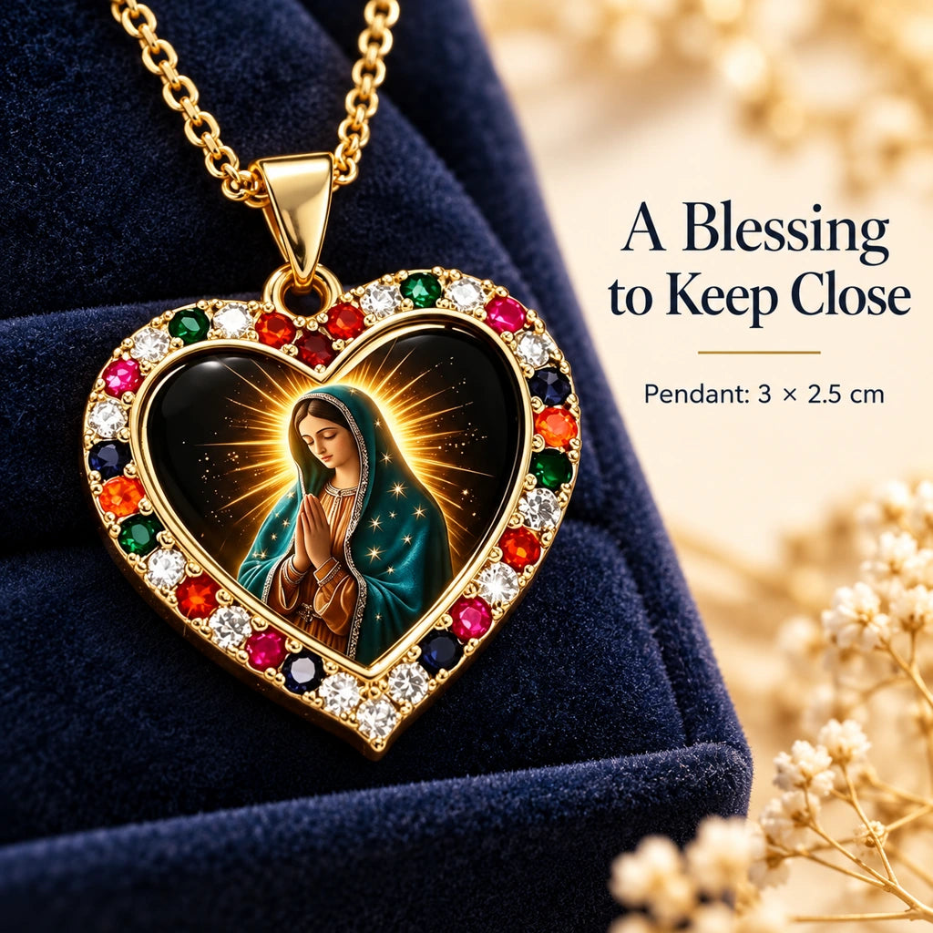 Virgin Mary Heart Pendant Necklace – Gold-Tone with Multicolor Accents