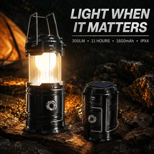 Collapsible Solar Rechargeable Camping Lantern with Magnetic Base & Hanging Hook