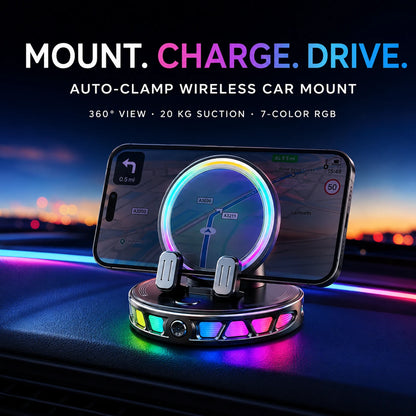 Wireless Car Mount Charger with RGB Light, Auto-Clamping