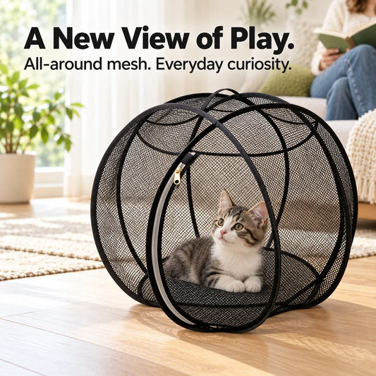 Black spherical mesh cat enclosure with curved zippered entry on a living room floor.