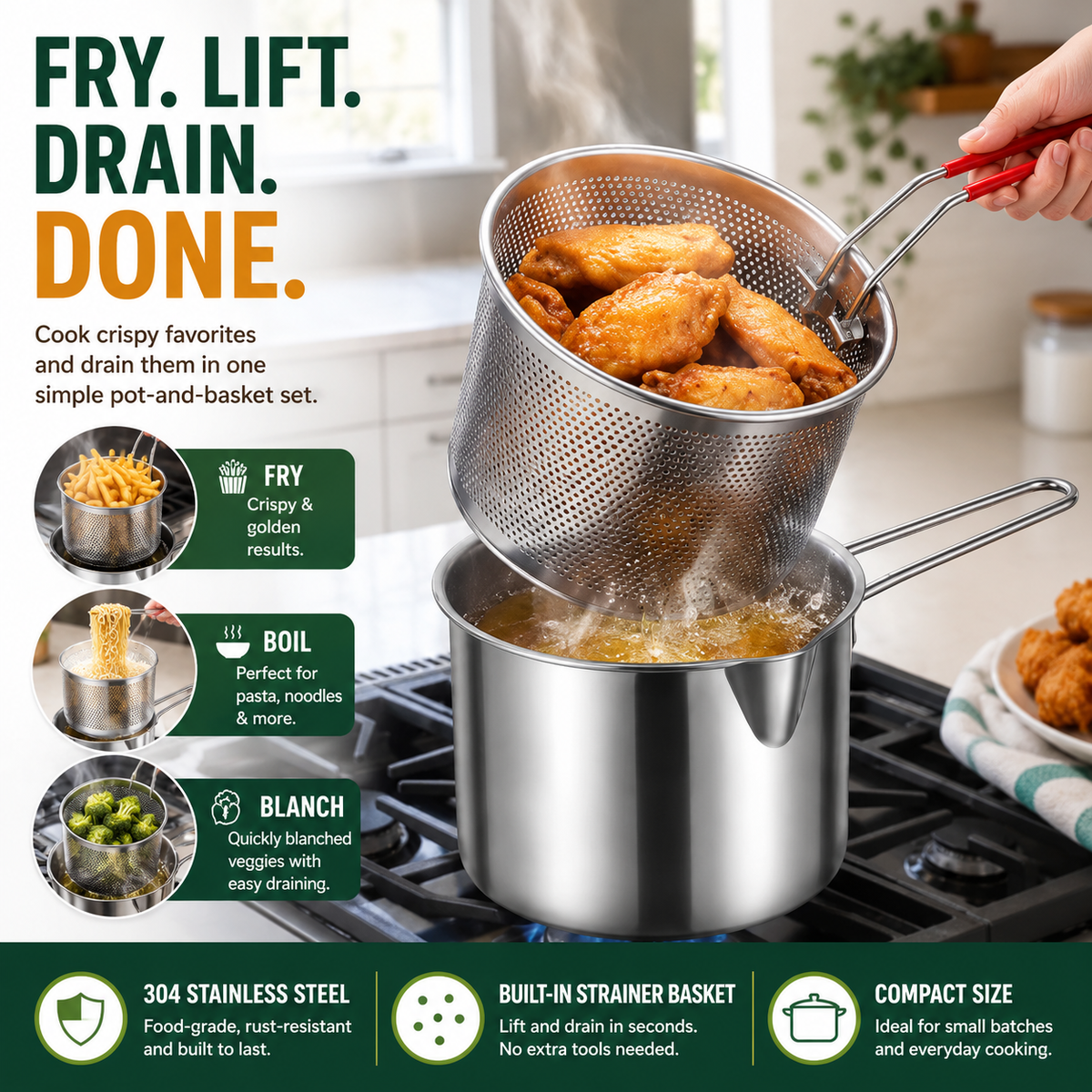 🍟 Premium Stainless Steel Mini Deep Fryer & Draining Set for Home Cooking
