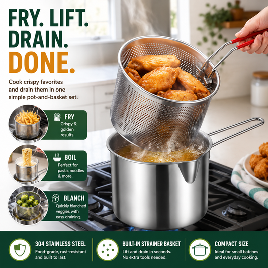 🍟 Premium Stainless Steel Mini Deep Fryer & Draining Set for Home Cooking