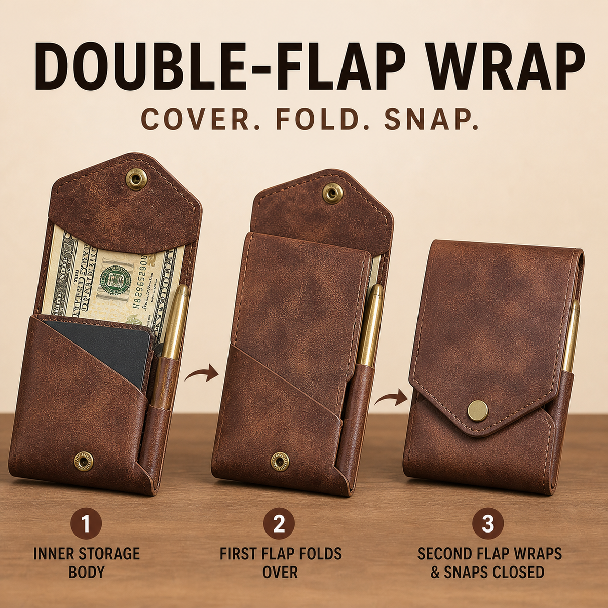 Compact Double-Flap Wallet with Built-In Pen Slot & Get a Free Pen💰