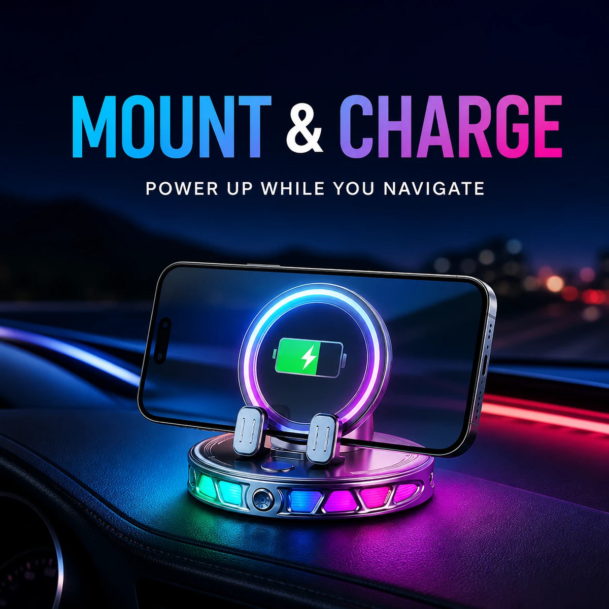 Wireless Car Mount Charger with RGB Light, Auto-Clamping