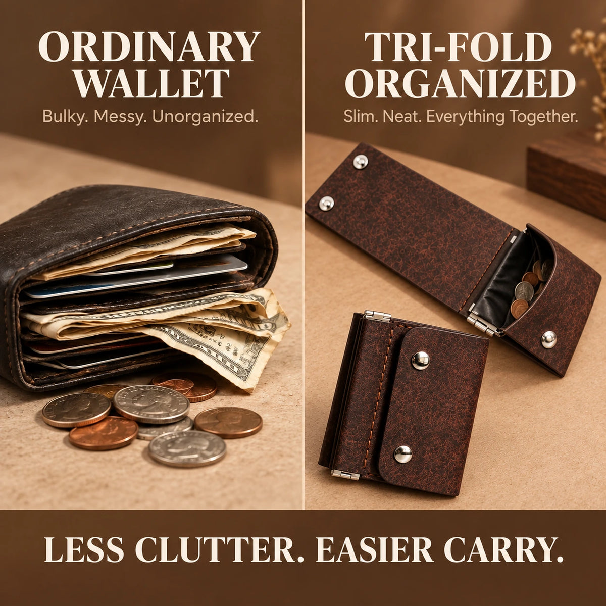 Vintage Compact Trifold Wallet with Quick-Access Coin Pocket
