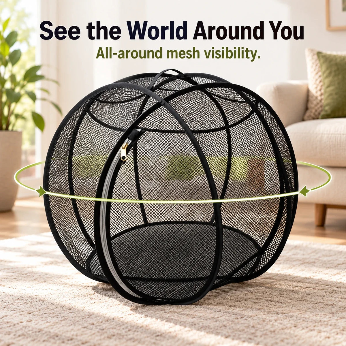 Full mesh enclosure showing visibility through its black panels.