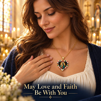 Virgin Mary Heart Pendant Necklace – Gold-Tone with Multicolor Accents
