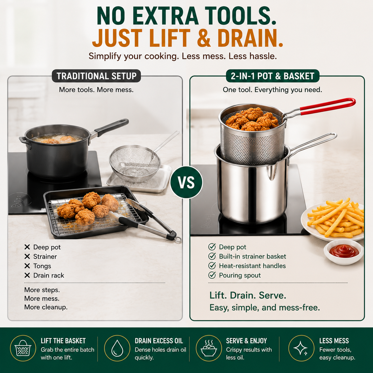 🍟 Premium Stainless Steel Mini Deep Fryer & Draining Set for Home Cooking