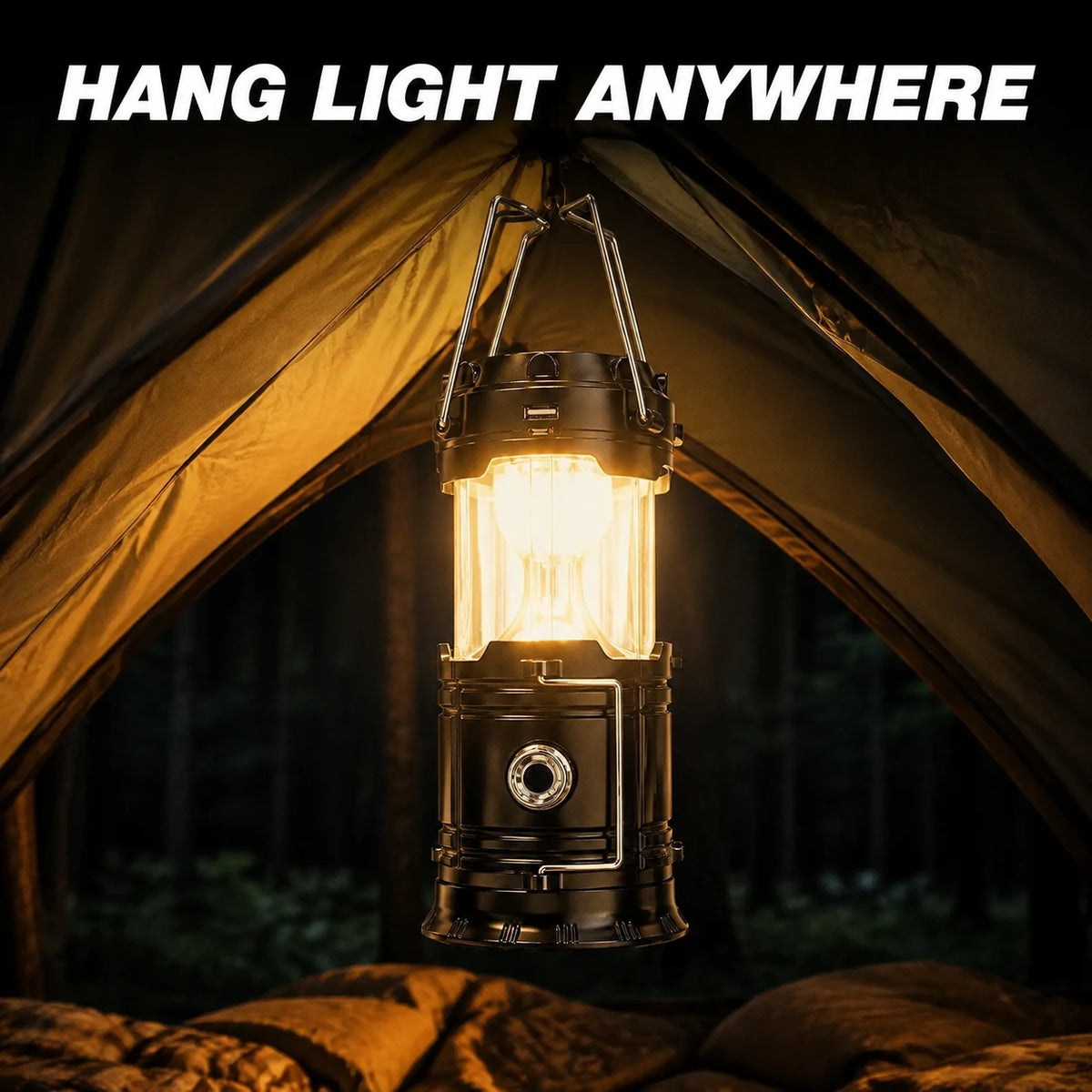 Collapsible Solar Rechargeable Camping Lantern with Magnetic Base & Hanging Hook