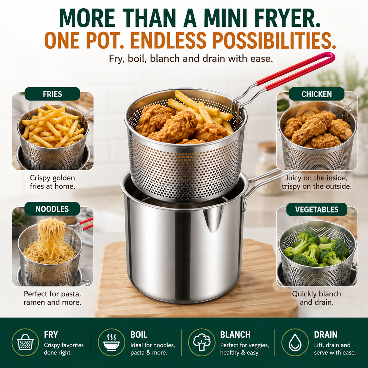 🍟 Premium Stainless Steel Mini Deep Fryer & Draining Set for Home Cooking