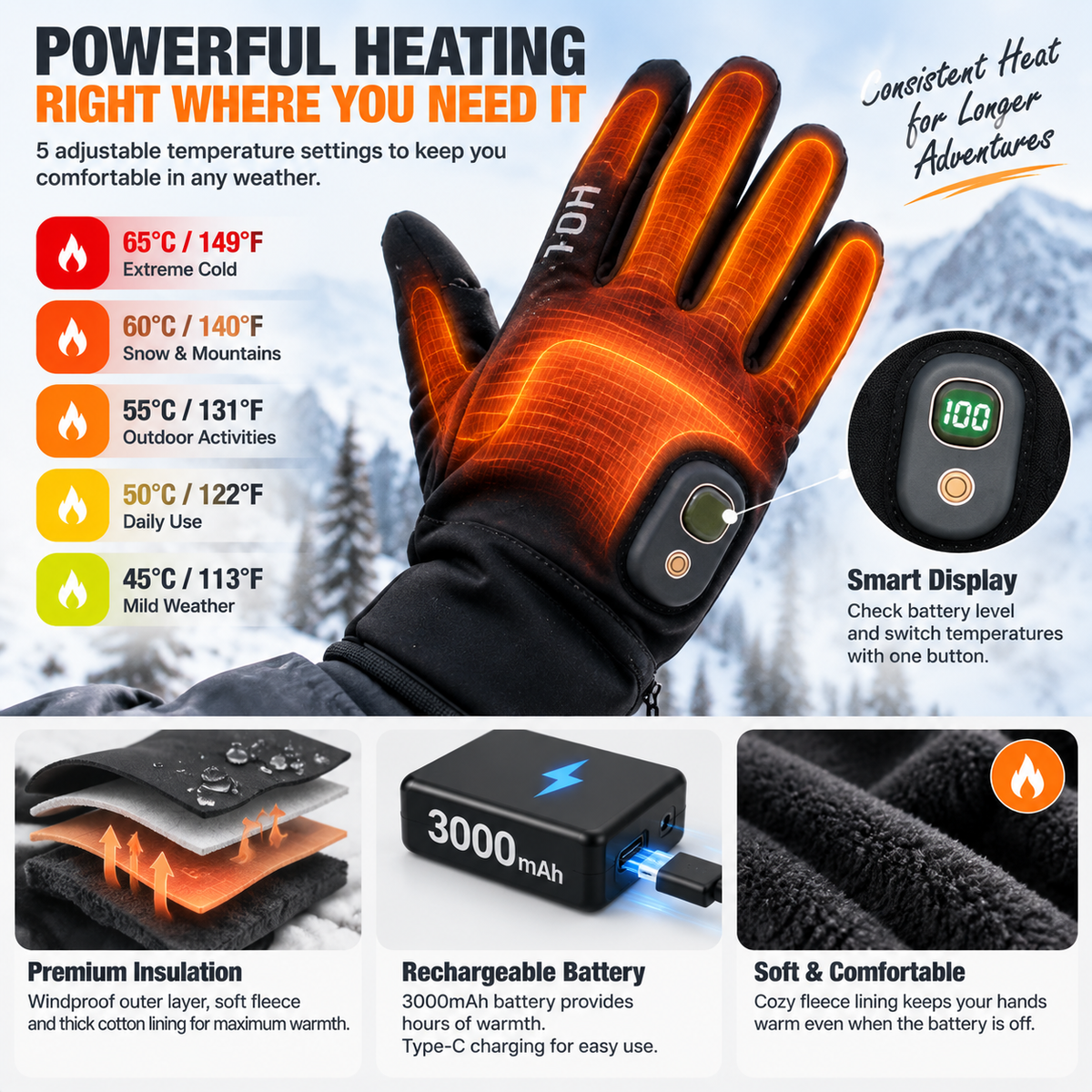 🔥 49%OFF Today | Rechargeable Heated Gloves – Touchscreen Winter Gloves with Adjustable Heat for Skiing, Hiking & Outdoor Use