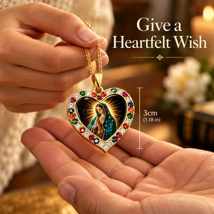 Virgin Mary Heart Pendant Necklace – Gold-Tone with Multicolor Accents