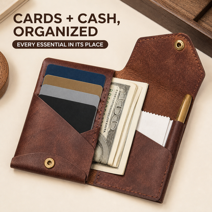 Compact Double-Flap Wallet with Built-In Pen Slot & Get a Free Pen💰