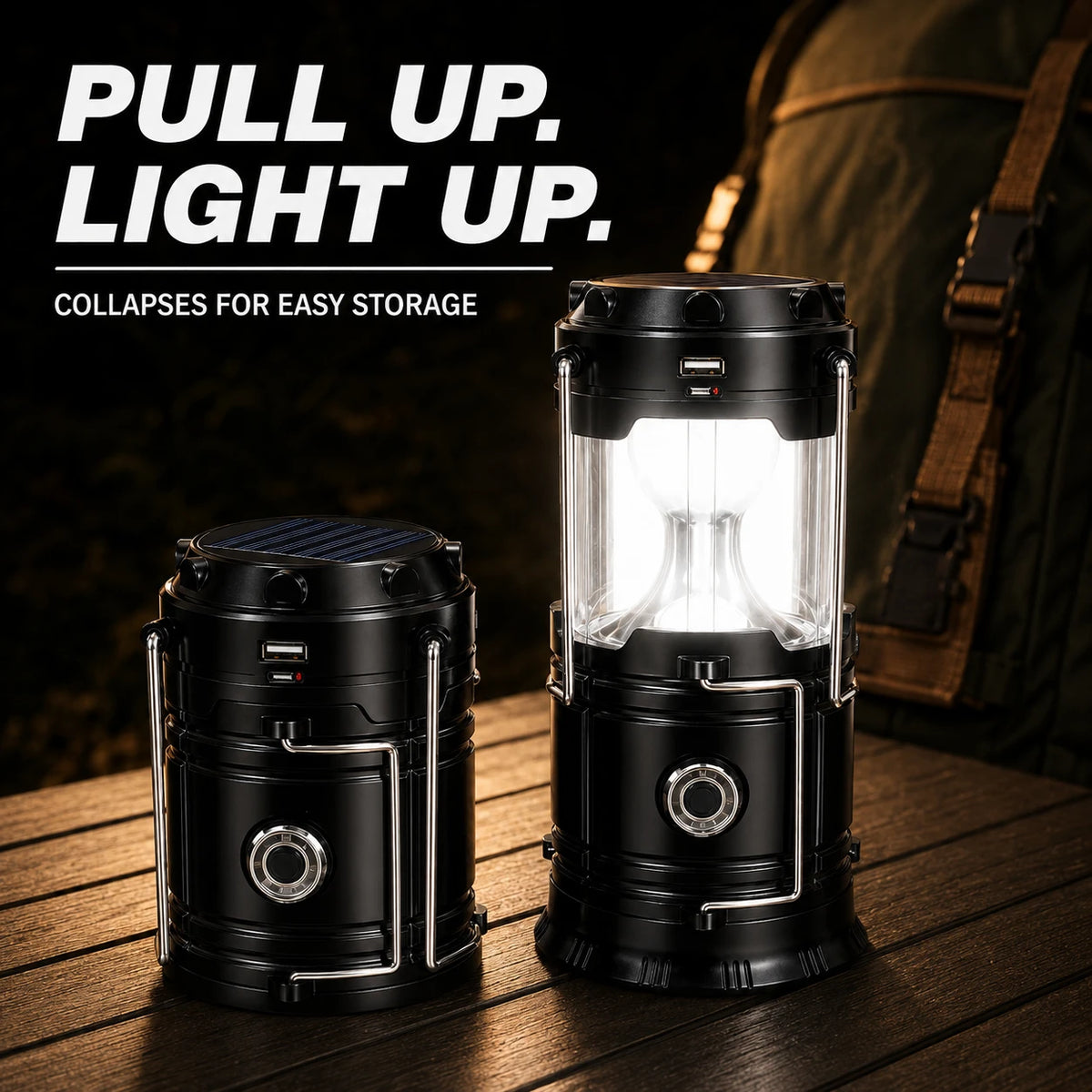Collapsible Solar Rechargeable Camping Lantern with Magnetic Base & Hanging Hook