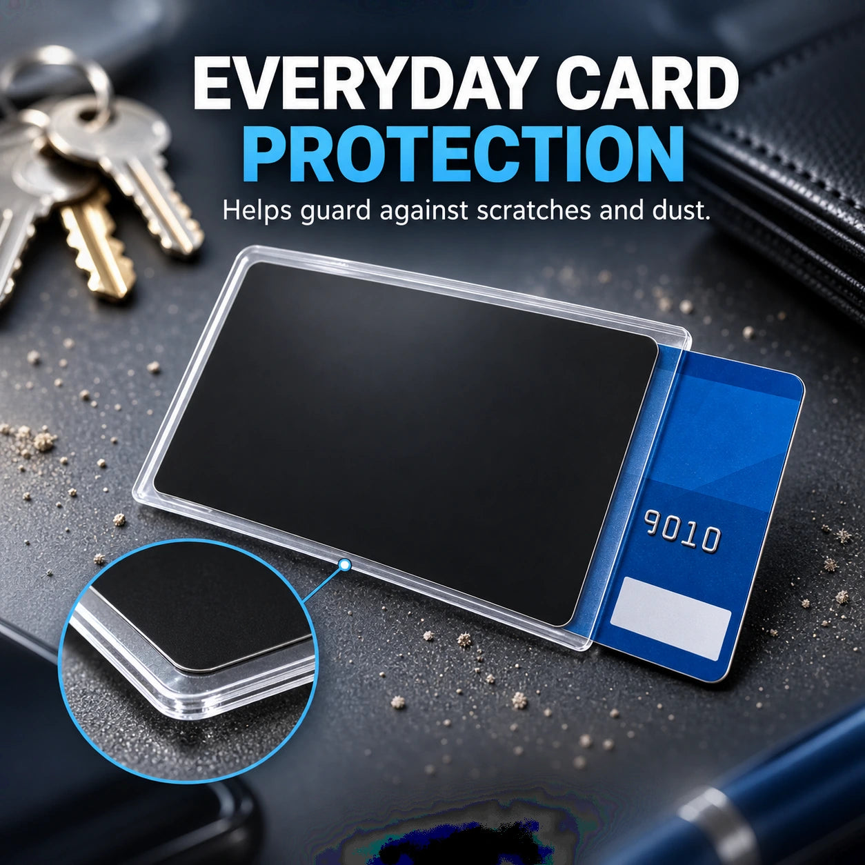 Product details and use illustration – Side-View Privacy Card Sleeve – Slim Card Cover