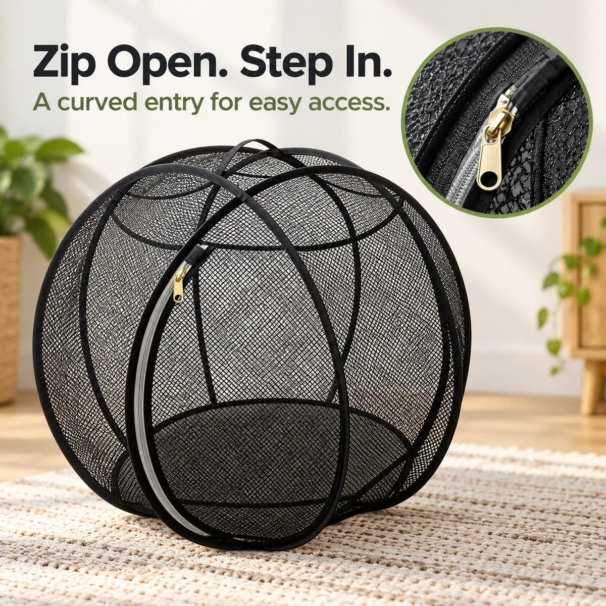 Black mesh enclosure with an inset detail of its gold-tone zipper pull.