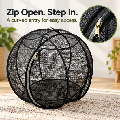 Black mesh enclosure with an inset detail of its gold-tone zipper pull.