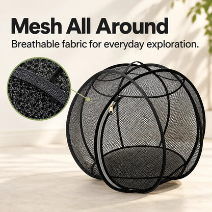 Mesh enclosure with a close-up of the black mesh weave and stitched fabric binding.