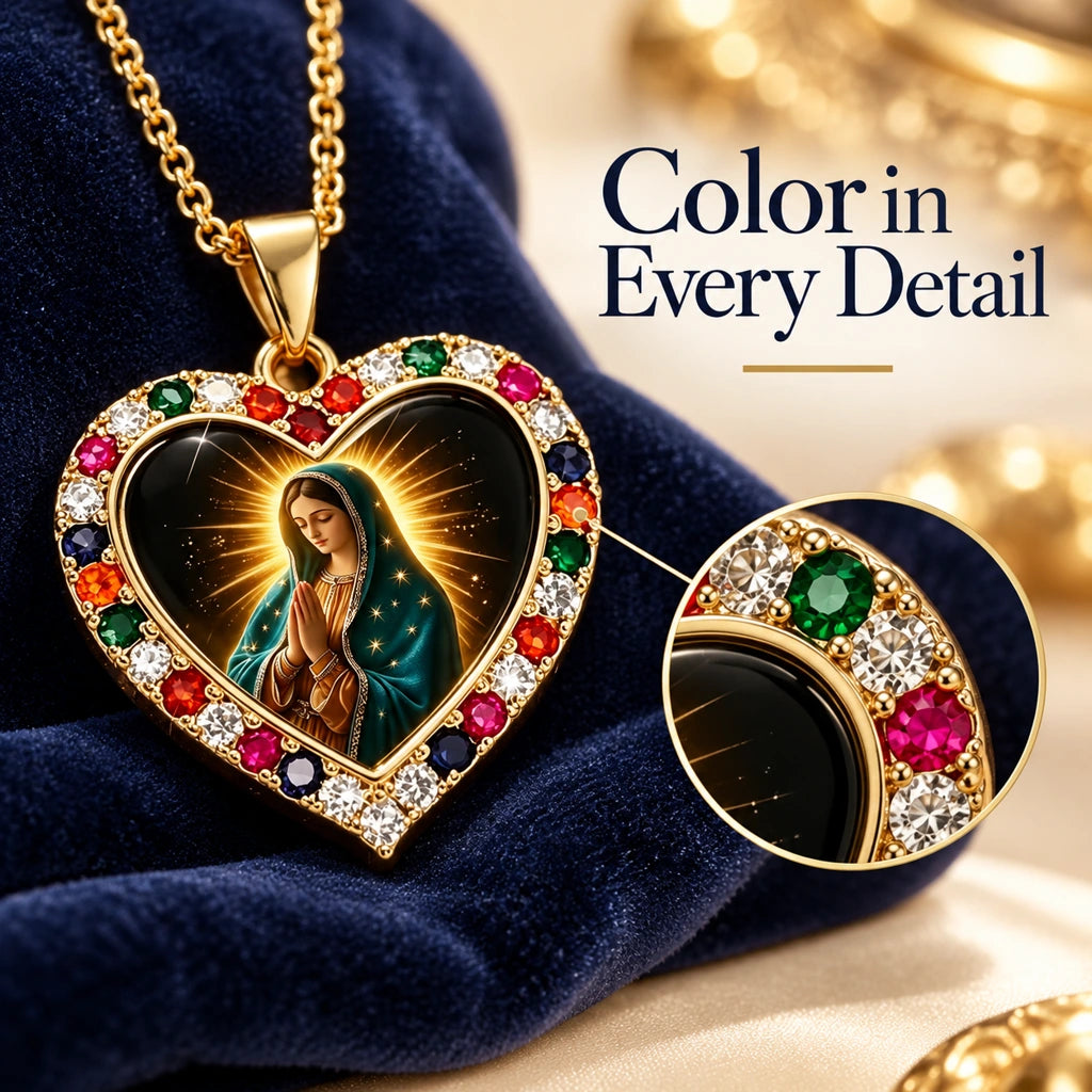 Virgin Mary Heart Pendant Necklace – Gold-Tone with Multicolor Accents