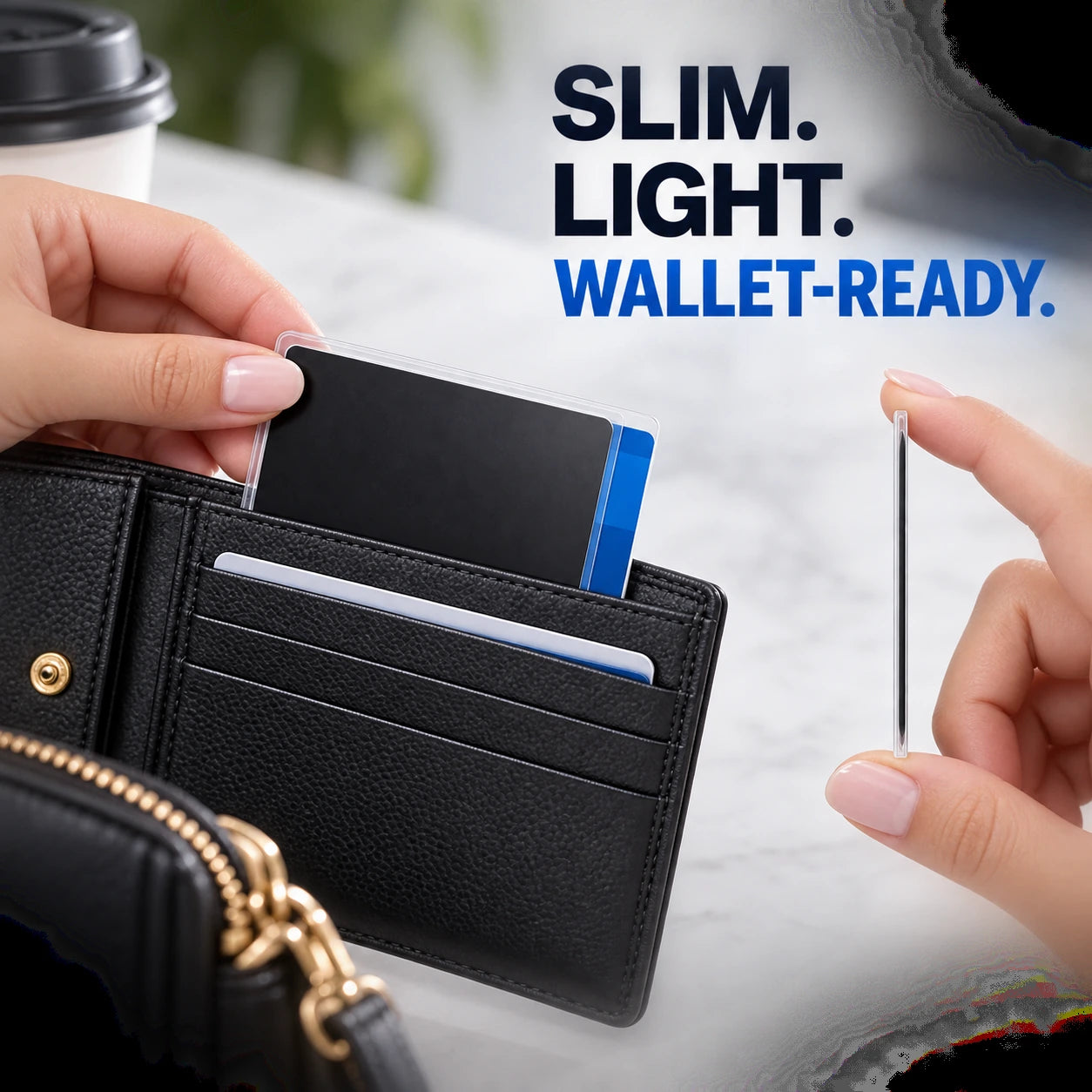 Product details and use illustration – Side-View Privacy Card Sleeve – Slim Card Cover
