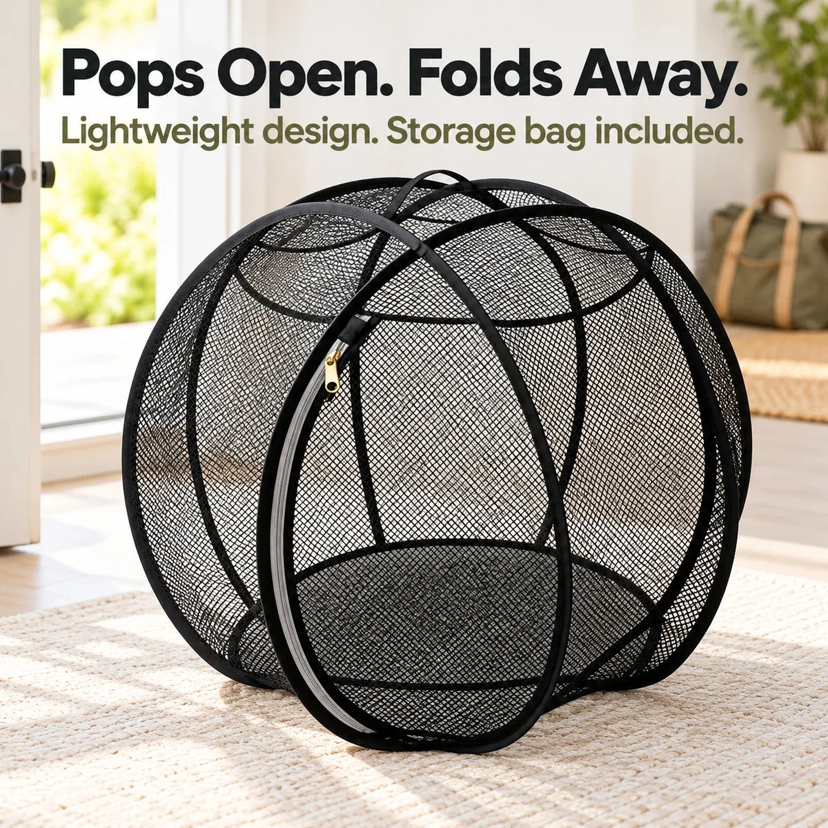 Expanded black mesh enclosure in a clean doorway setting illustrating portable use.