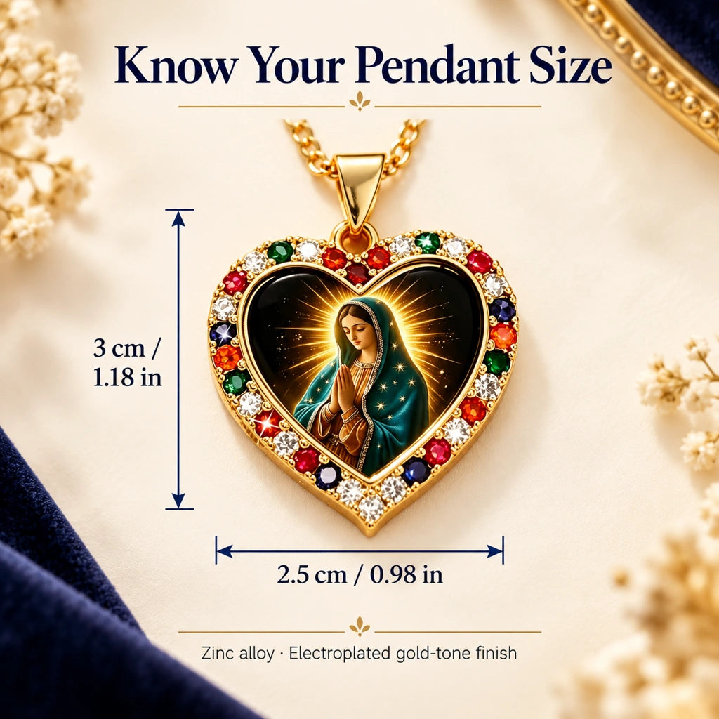 Virgin Mary Heart Pendant Necklace – Gold-Tone with Multicolor Accents