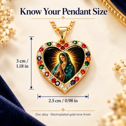Virgin Mary Heart Pendant Necklace – Gold-Tone with Multicolor Accents