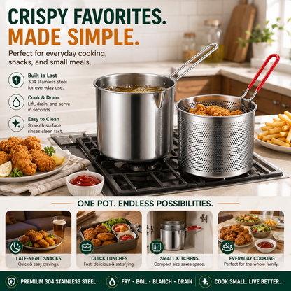🍟 Premium Stainless Steel Mini Deep Fryer & Draining Set for Home Cooking