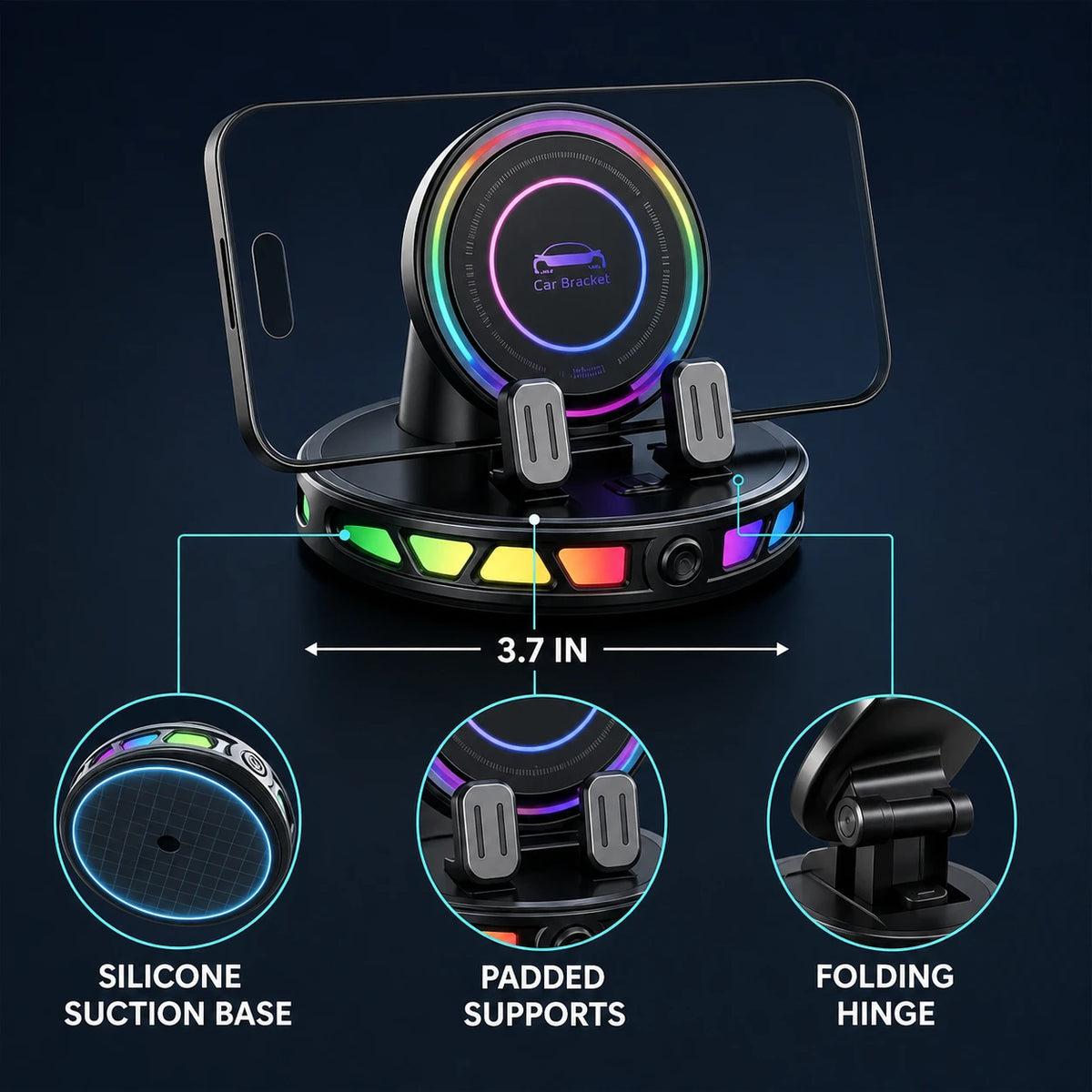 Wireless Car Mount Charger with RGB Light, Auto-Clamping