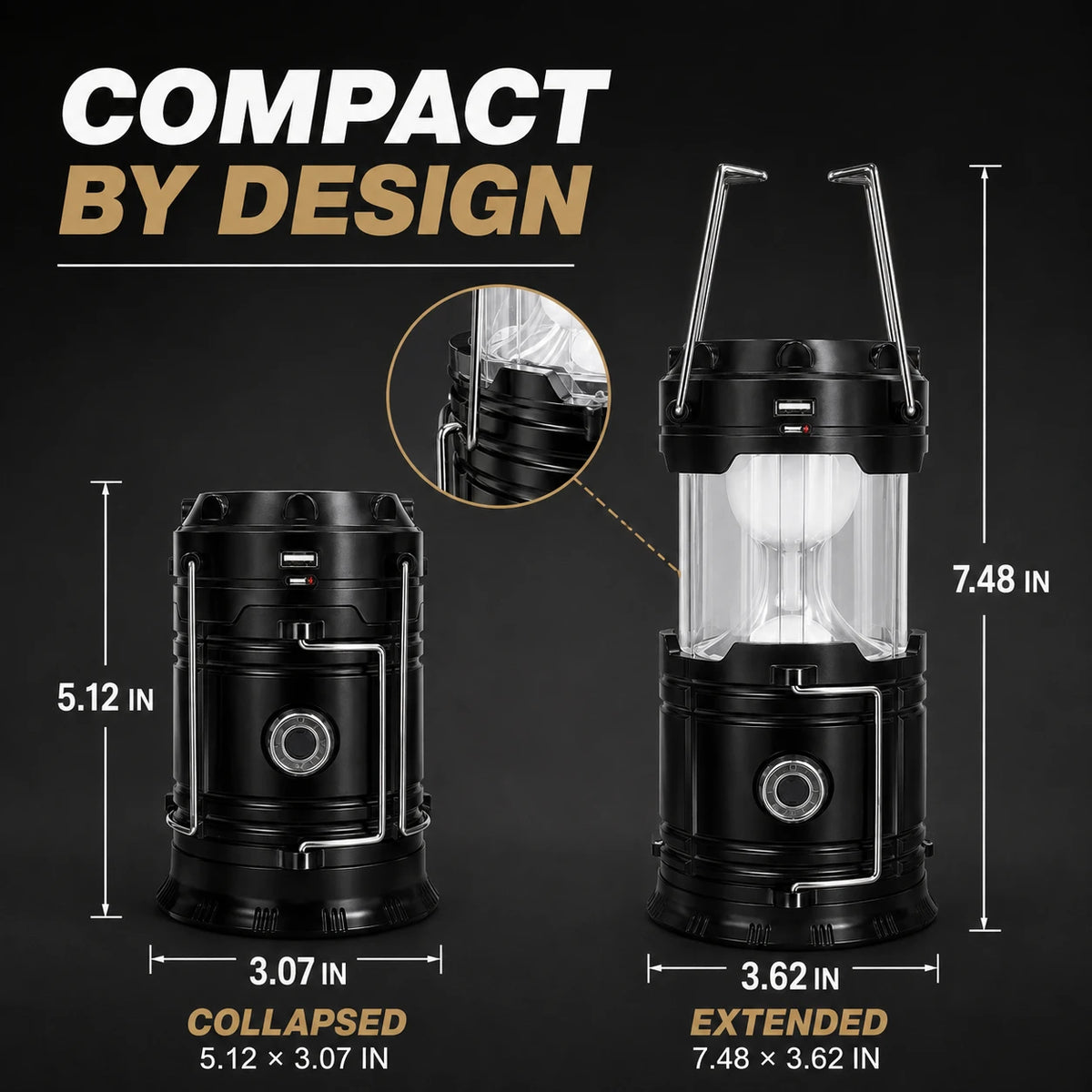 Collapsible Solar Rechargeable Camping Lantern with Magnetic Base & Hanging Hook