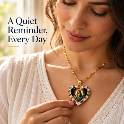 Virgin Mary Heart Pendant Necklace – Gold-Tone with Multicolor Accents