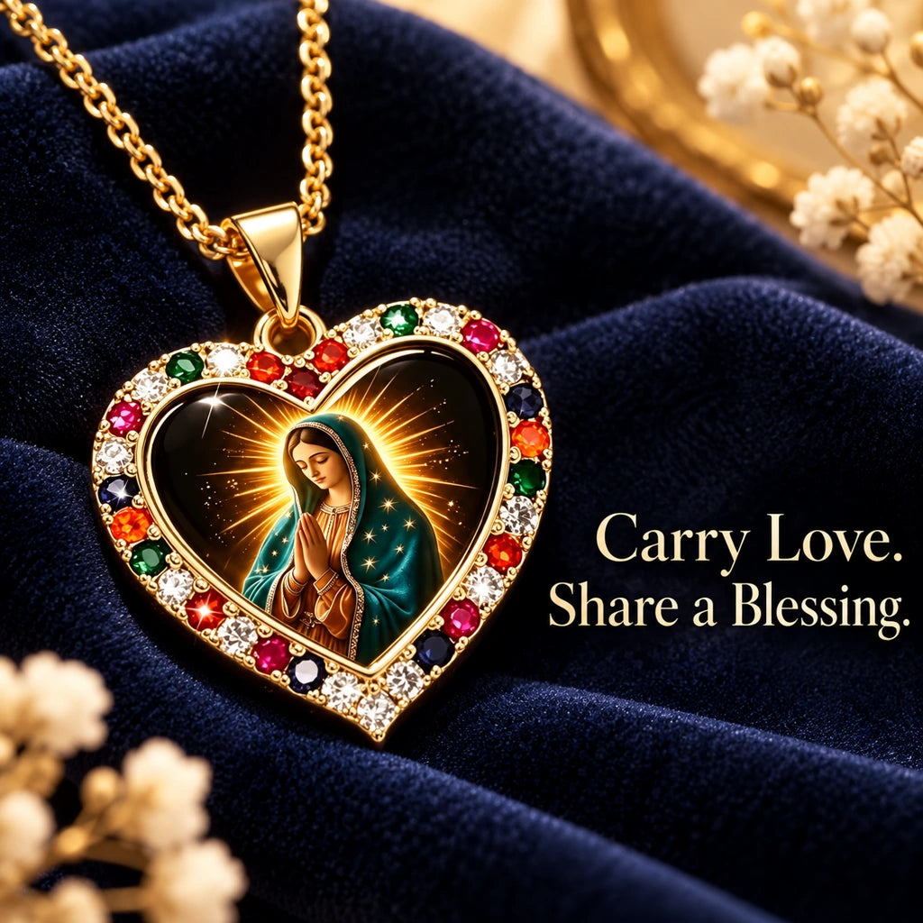 Virgin Mary Heart Pendant Necklace – Gold-Tone with Multicolor Accents