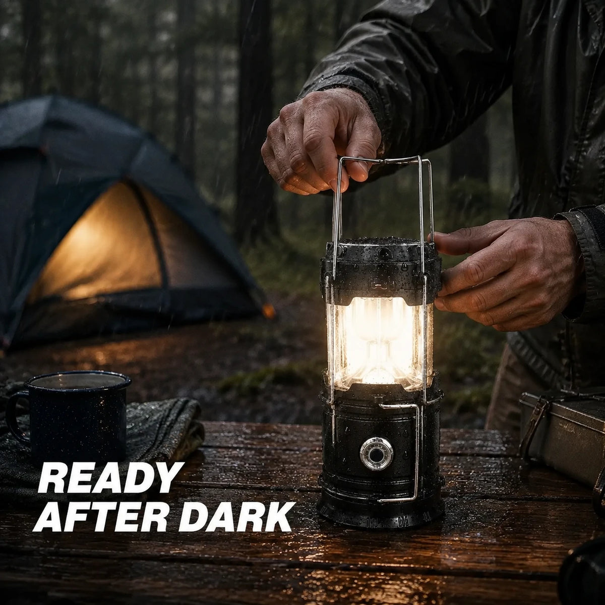 Collapsible Solar Rechargeable Camping Lantern with Magnetic Base & Hanging Hook