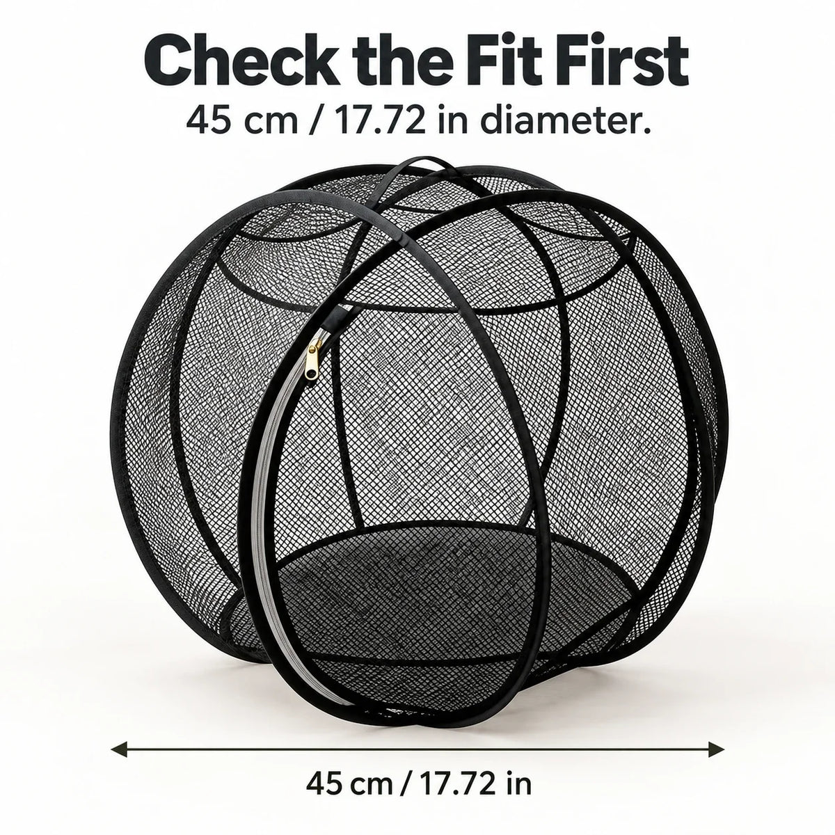 Black spherical mesh enclosure with an exterior diameter measurement of 45 cm or 17.72 inches.