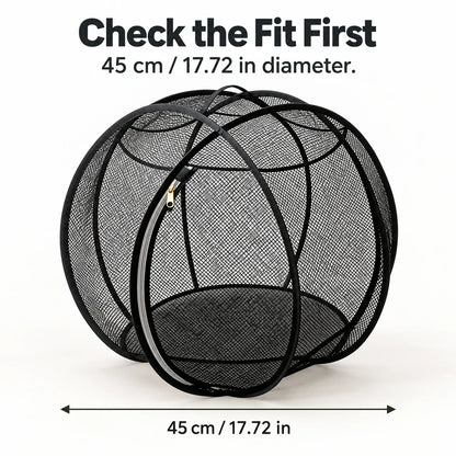 Black spherical mesh enclosure with an exterior diameter measurement of 45 cm or 17.72 inches.