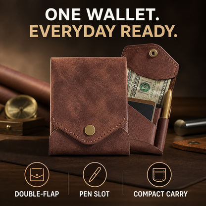 Compact Double-Flap Wallet with Built-In Pen Slot & Get a Free Pen💰