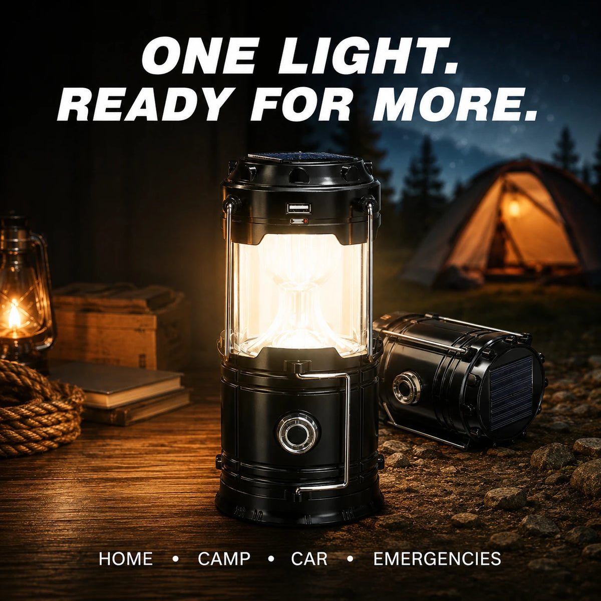 Collapsible Solar Rechargeable Camping Lantern with Magnetic Base & Hanging Hook