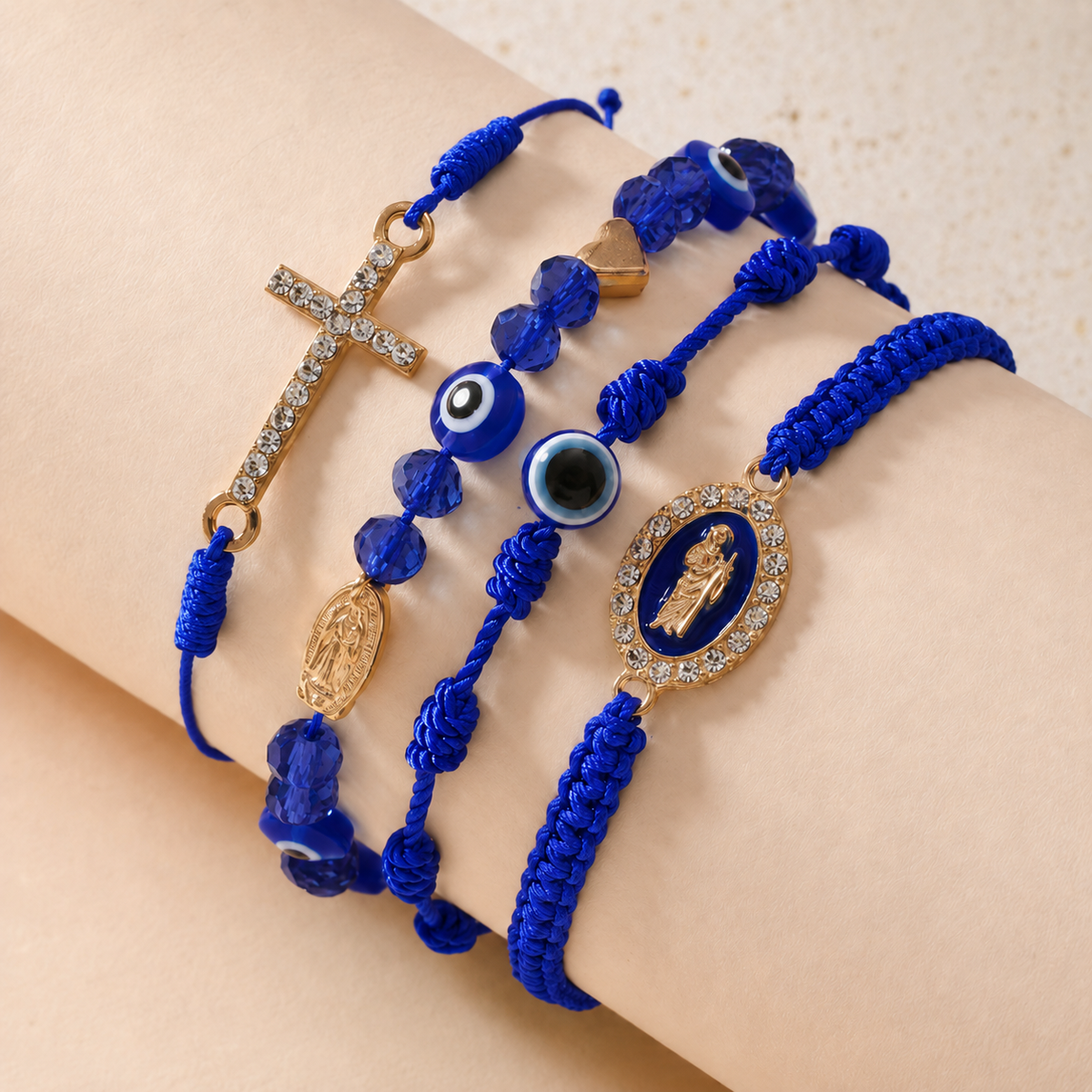 ✨ Aesthetic Multi-Layer Evil Eye & Cross Braided Bracelet Set