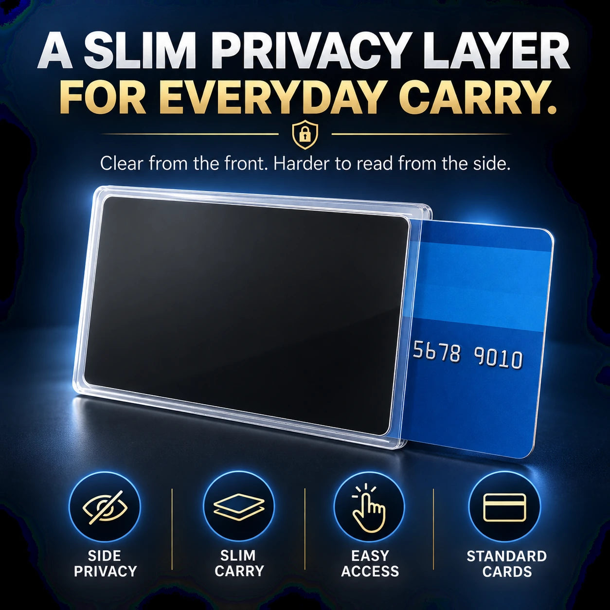 Product details and use illustration – Side-View Privacy Card Sleeve – Slim Card Cover
