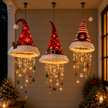 🎄 Lighted Christmas Hanging Chandelier – Tree & Santa Hat Holiday Décor