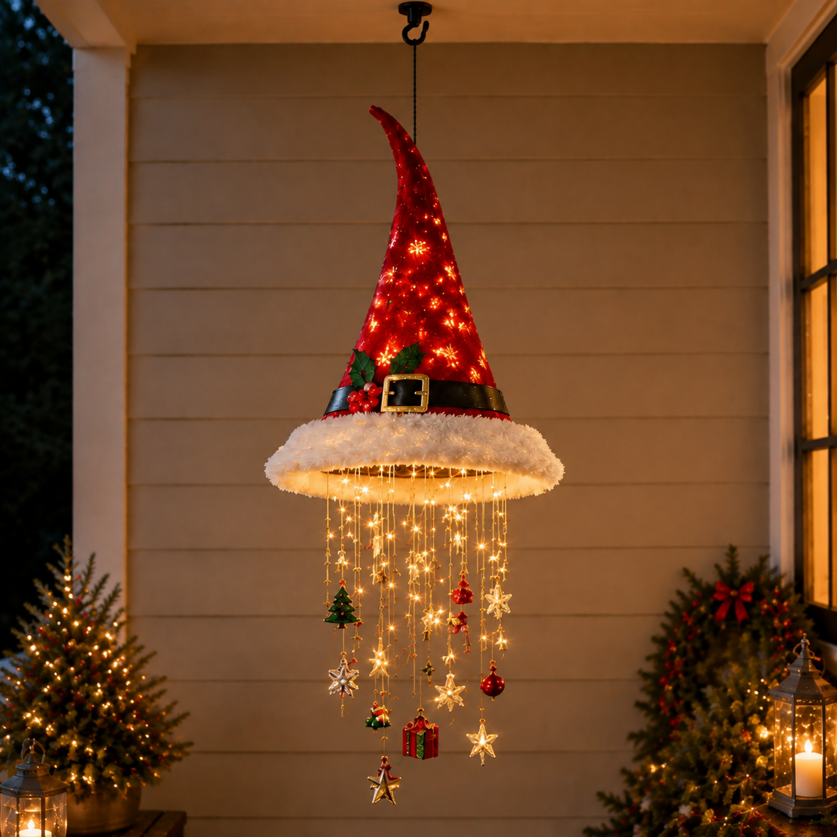 🎄 Lighted Christmas Hanging Chandelier – Tree & Santa Hat Holiday Décor