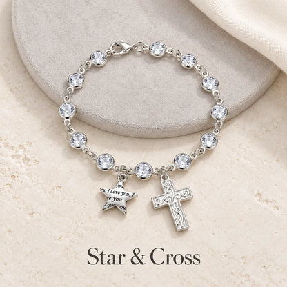 ✨ Sparkling Charm Chain with Faceted Stones – Silver-Tone Bow, Star & Cross Styles 🎁