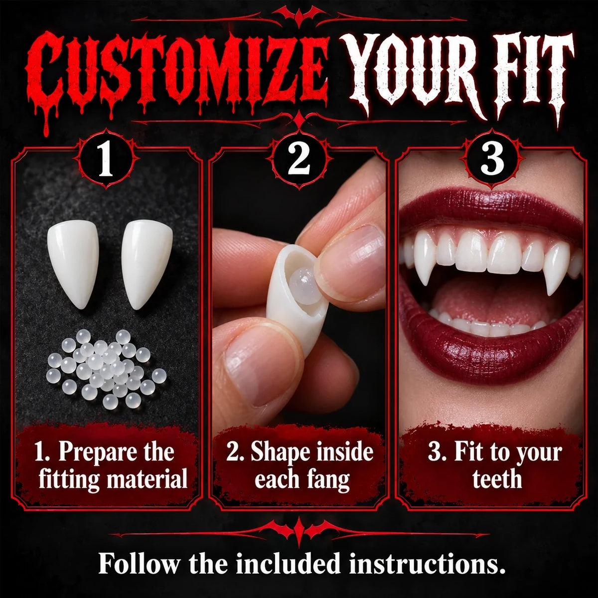 🦇 Your Vampire Look: 4-Size Ivory Fangs Kit & Coffin Box