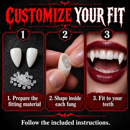 🦇 Your Vampire Look: 4-Size Ivory Fangs Kit & Coffin Box